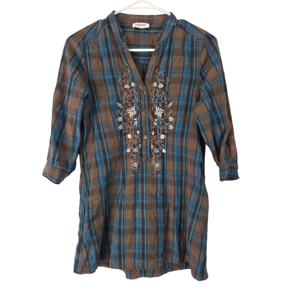 Orsay Western Embroidered Top S Womens Blue‎ Brown Cottage Core V Neck Lagen